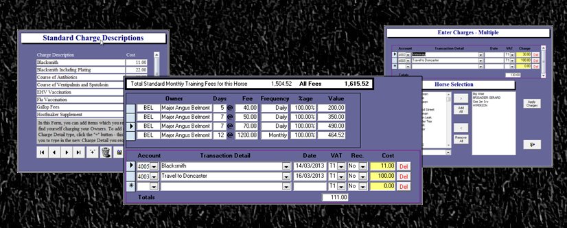 Set up your standard charges, apply them to single or multiple horses, ownership splits calculate automatically.
